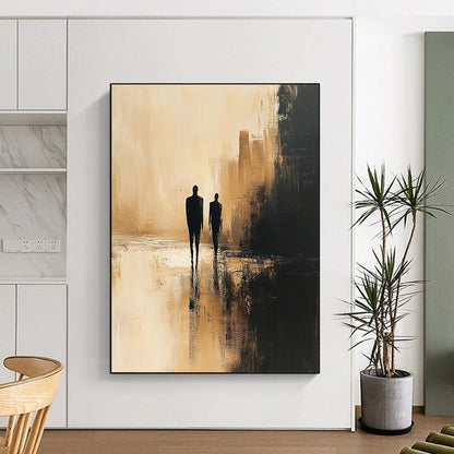 Contemporary abstract painting featuring minimalist human figures in dark beige and black against a blurred cityscape with textured canvas and soft lighting. DLZ0556
