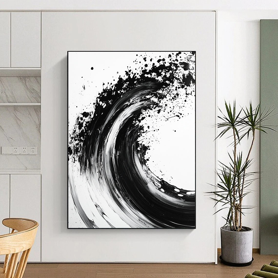 Black, White, Wave - Like Ink Splash "Ink Wave Symphony" Abstract Expressionist Painting On Canvas HB134