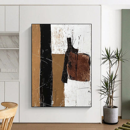 Large contemporary abstract painting featuring a vertical line of acrylic paint and earthy tones with details of an old leather saddle. DLZ1032