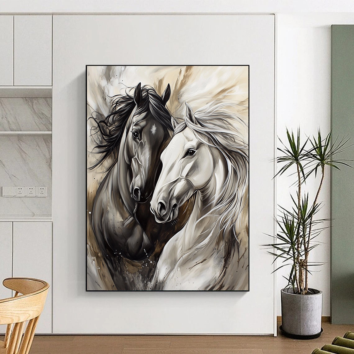 Contemporary abstract artwork featuring two horses playing in silver and gray tones with expressive brushstrokes and flowing fur details. DLZ1662