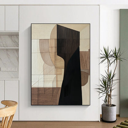 Contemporary hand-painted abstract art featuring a dominant elongated black wooden shape with earthy shades and a mysterious shadowy presence. DLZ0855