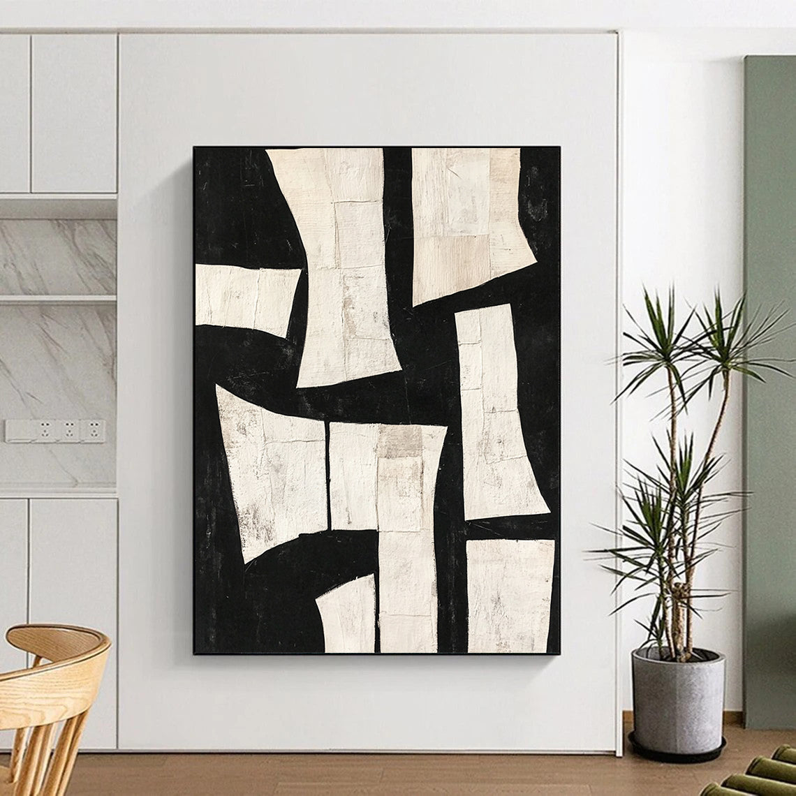 Contemporary hand-painted abstract art featuring deconstructed minimalist shapes and torn paper collage in dynamic white on black. DLZ0303