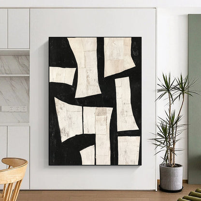 Contemporary hand-painted abstract art featuring deconstructed minimalist shapes and torn paper collage in dynamic white on black. DLZ0303