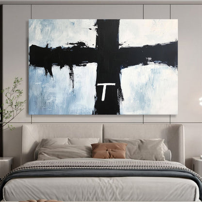 Black Cross with White 'T' on Blue - Symbolic Abstract Painting On Canvas HB0469