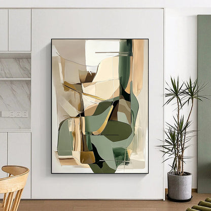 Contemporary hand-painted abstract artwork featuring beige and sage green shapes with gold accents perfect for modern interior design. DLZ0793