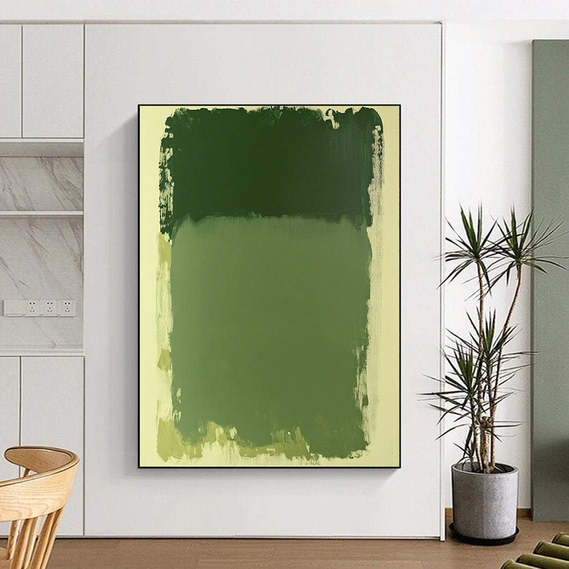 Contemporary abstract painting in green hues featuring a large rectangular shape on a serene white background. Perfect for modern aesthetics. DLZ1656