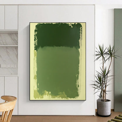 Contemporary abstract painting in green hues featuring a large rectangular shape on a serene white background. Perfect for modern aesthetics. DLZ1656