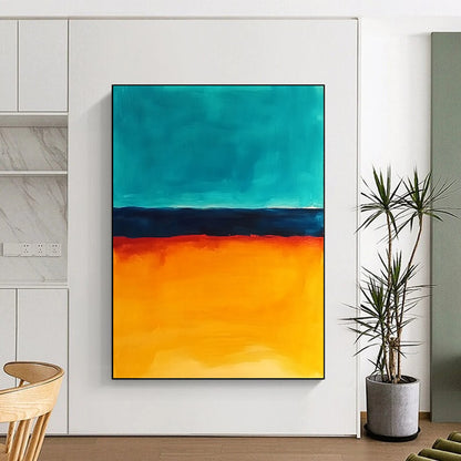 Contemporary abstract painting features vibrant orange and teal hues capturing the ocean at sunset in a captivating visual experience. DLZ1386