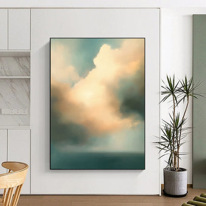 Contemporary abstract oil painting features muted teal and beige clouds over an ocean, creating a serene and captivating atmosphere. DLZ0892