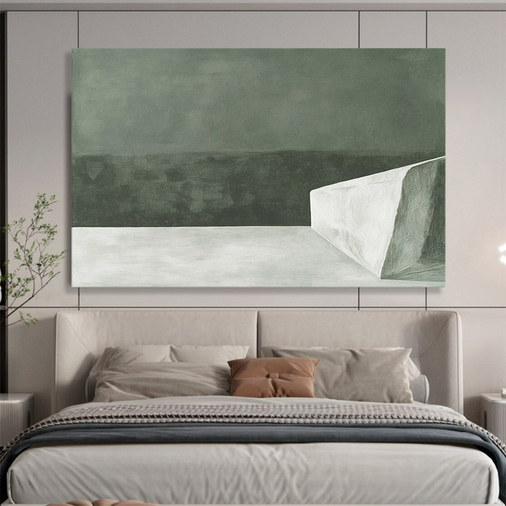“Monochrome Minimalist Block” - Dark green backdrop with a stark white geometric form, Minimalist Abstract Painting On Canvas HB0537