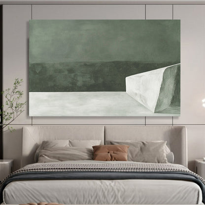“Monochrome Minimalist Block” - Dark green backdrop with a stark white geometric form, Minimalist Abstract Painting On Canvas HB0537