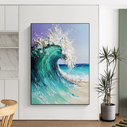 Contemporary hand-painted abstract artwork featuring a dreamy ocean wave in turquoise and blue with textured impasto brushwork on a light purple background. DLZ1095