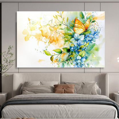 “Vibrant Butterfly & Blooms” - Blue, Yellow, Butterfly, Flowers Painting On Canvas HB0761