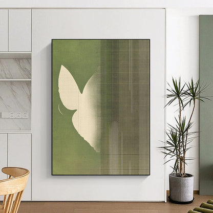 Contemporary abstract art featuring minimalist butterfly wings in white against a muted green striped background creating a serene and harmonious atmosphere. DLZ1641