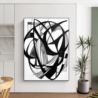 Black Intertwined Lines & Shapes - “Complex Ink Geometry” Painting On Canvas HB240