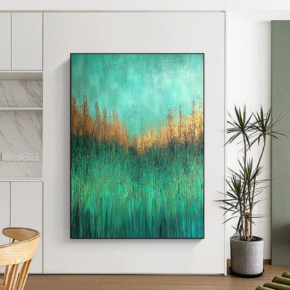 Contemporary abstract painting depicting a textured grassy meadow in aqua green and brown shades on canvas with UHD quality. DLZ0597