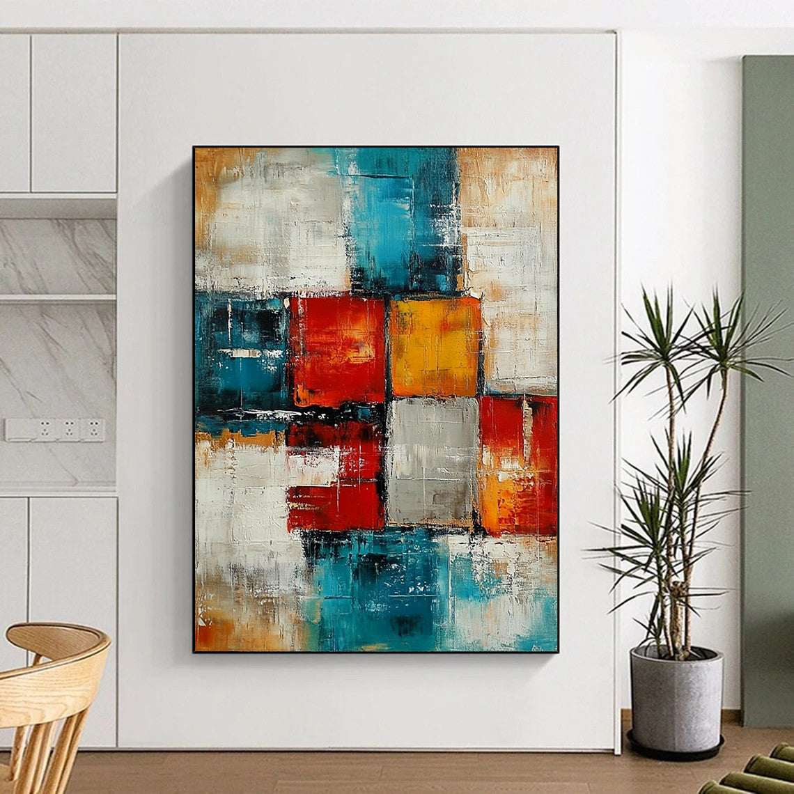 Contemporary abstract artwork featuring textured blocks and squares in teal, reds, oranges, gray, cream, and beige for a vibrant atmosphere. DLZ0478