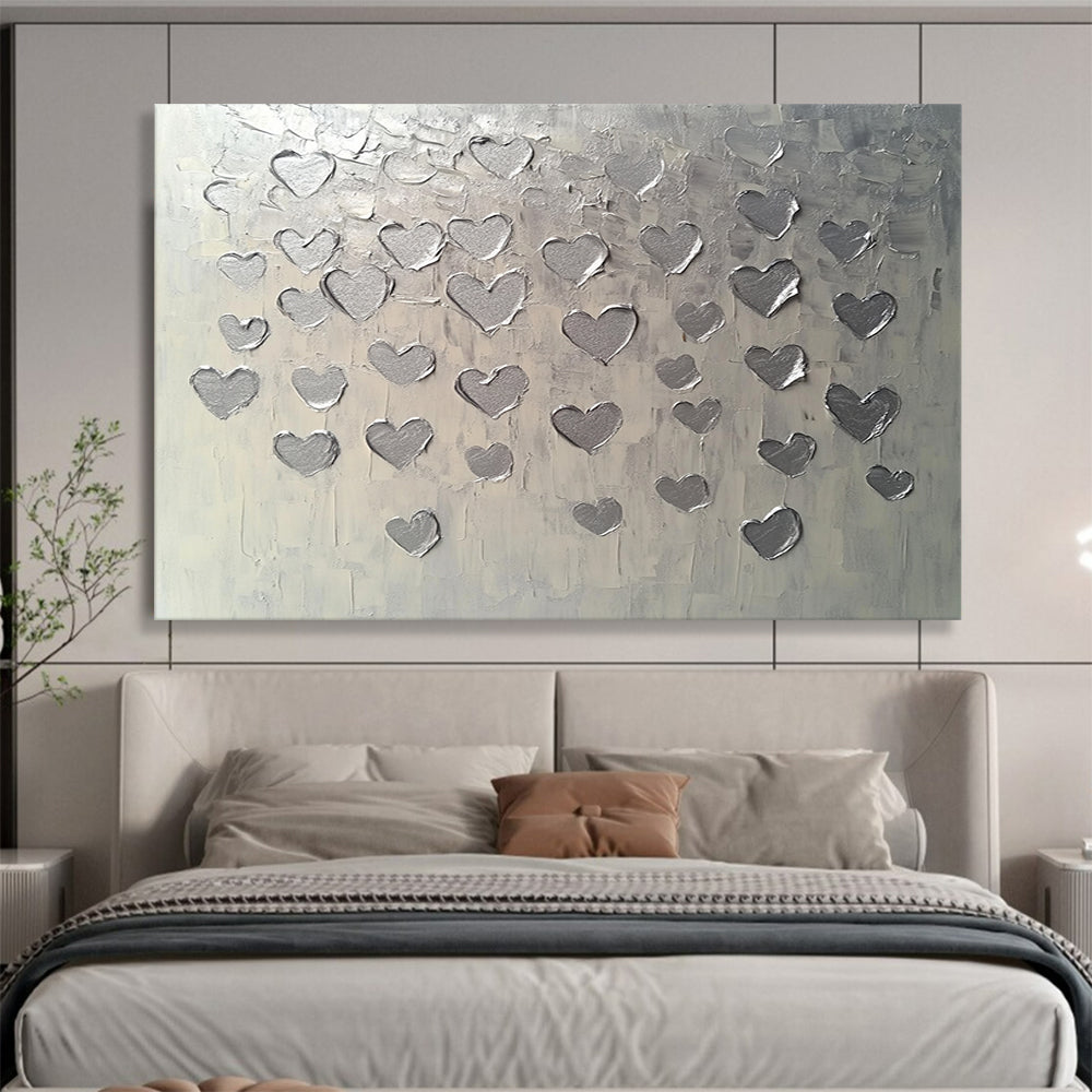 “Textured Silver Hearts” - Silver, Gray, Raised Heart Shapes - Textured Acrylic Painting HB1670
