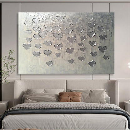 “Textured Silver Hearts” - Silver, Gray, Raised Heart Shapes - Textured Acrylic Painting HB1670