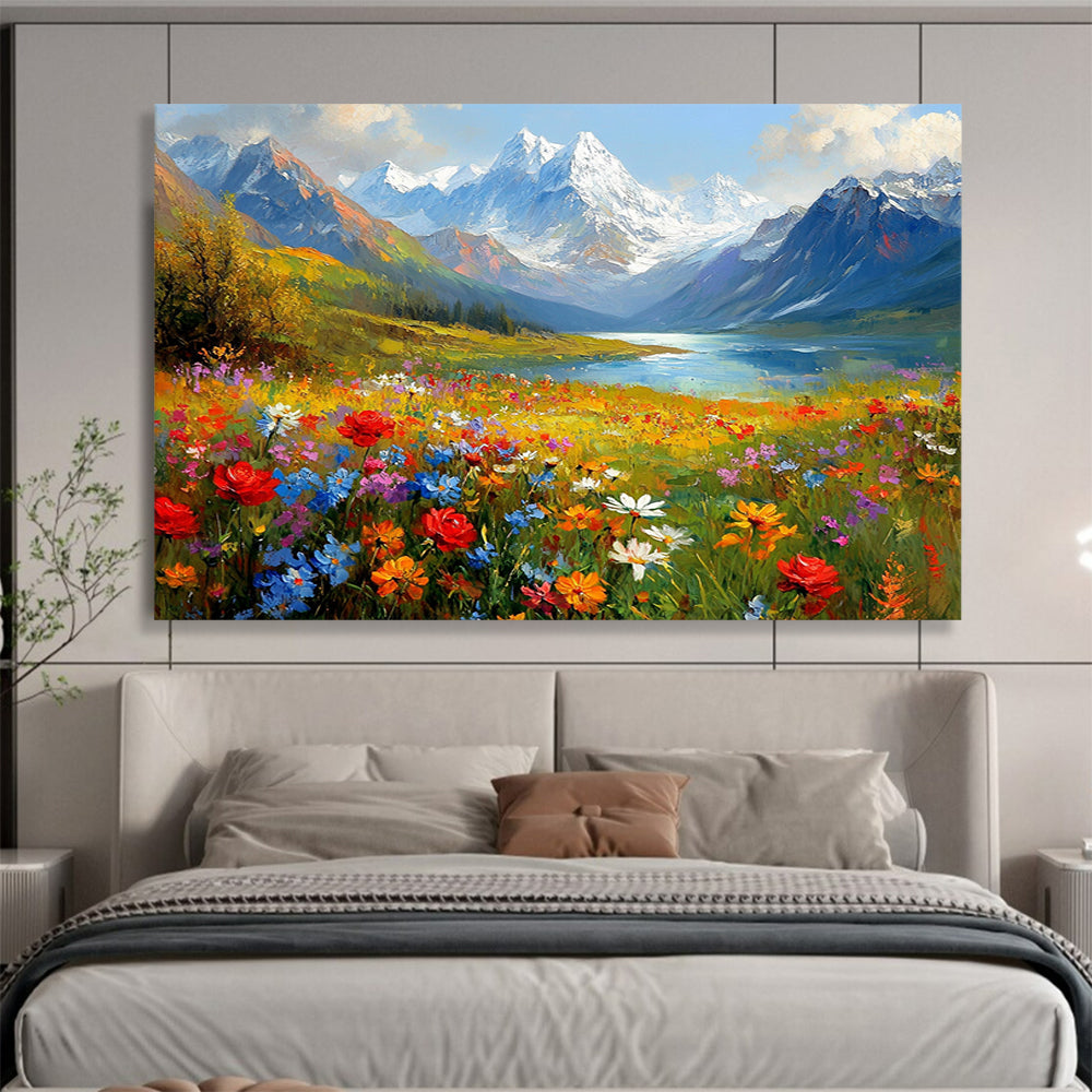“Alpine Flower Meadow” - Colorful, Mountainous Landscape Painting On Canvas HB0689