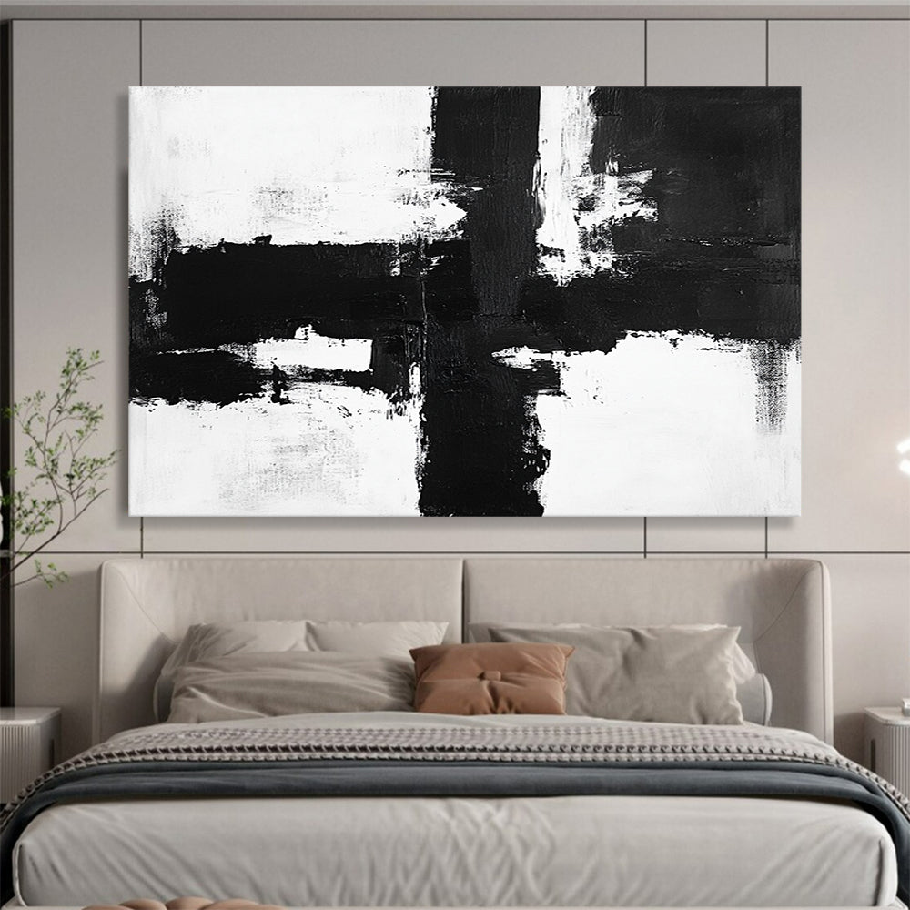 “Bold Black - White Cross Strokes” - Black, White, Dynamic Crosses Painting On Canvas HB0799