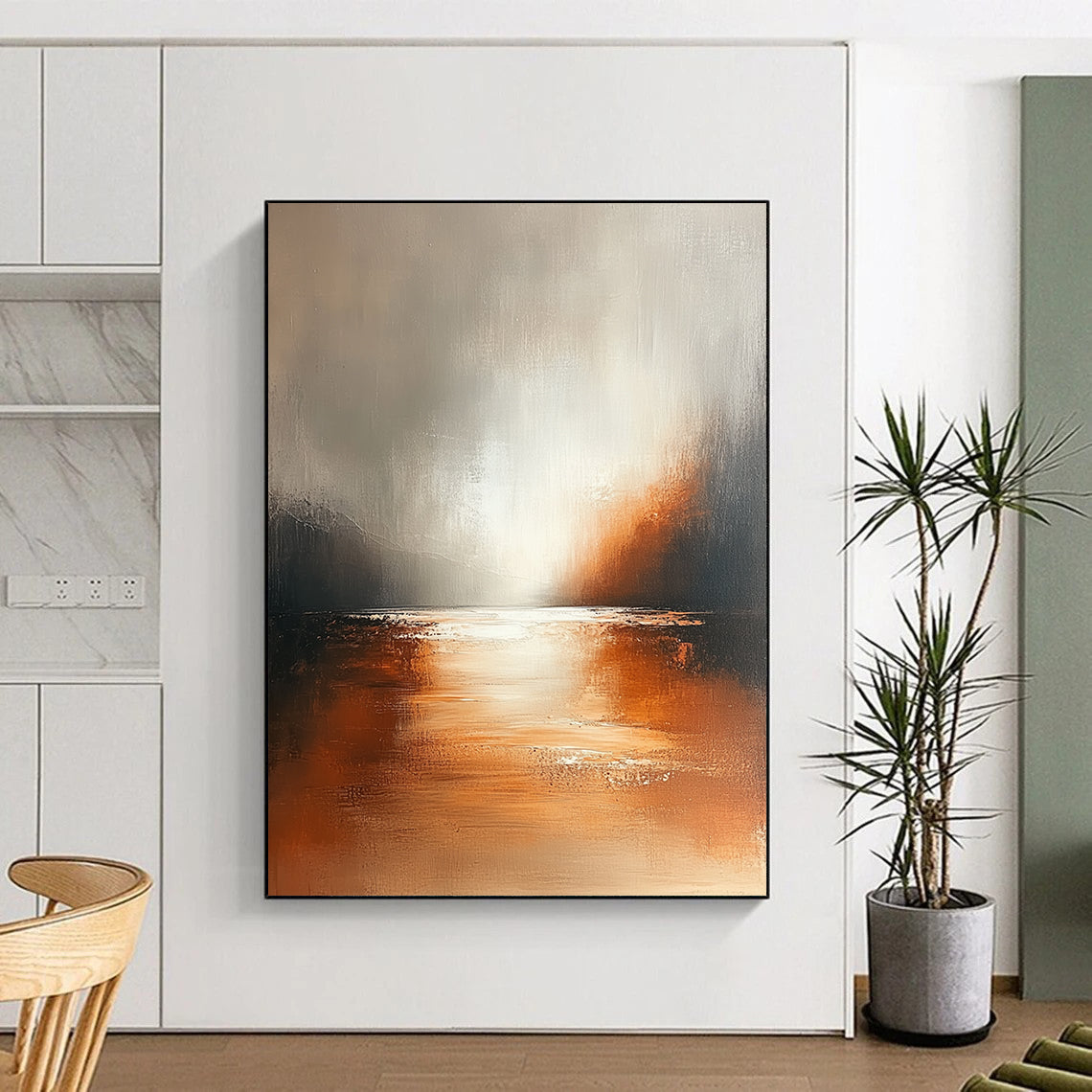 Contemporary hand-painted abstract art featuring soft tones in brown and white with subtle gradients on a textured canvas for a serene modern aesthetic. DLZ0429
