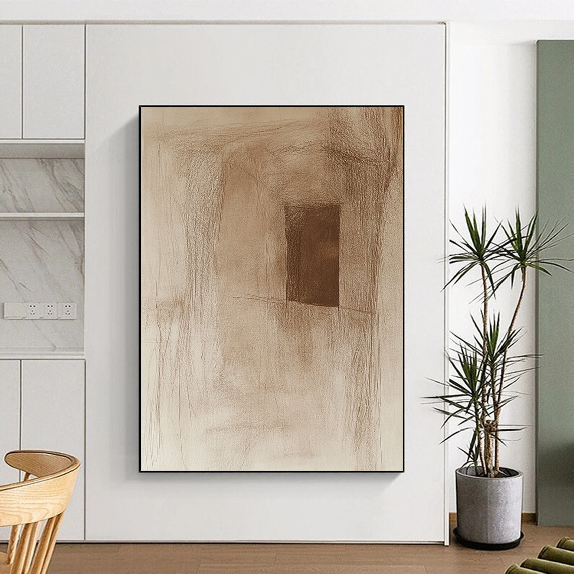 Contemporary abstract artwork features a rough pencil sketch of an ancient cave wall with a small window subtle sepia tones and simple lines. DLZ1452