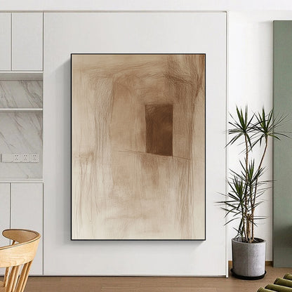 Contemporary abstract artwork features a rough pencil sketch of an ancient cave wall with a small window subtle sepia tones and simple lines. DLZ1452