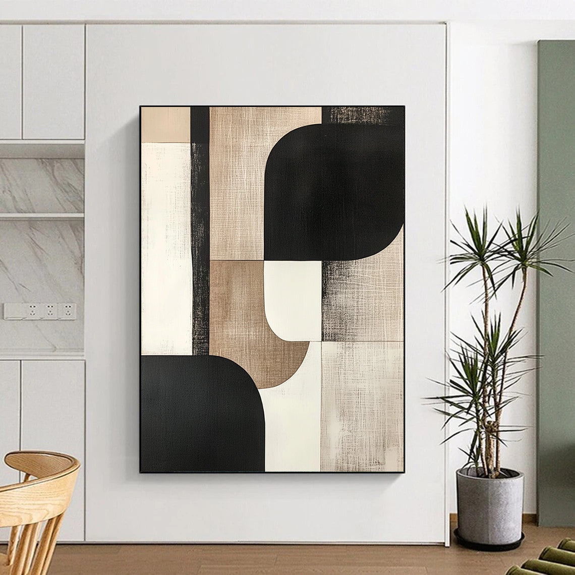 Contemporary hand-painted abstract art featuring bold shapes in black, white, beige, gray, and cream tones for a sophisticated aesthetic. DLZ0795