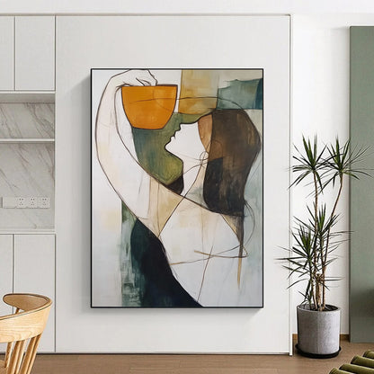Contemporary abstract artwork featuring a figure cradling an orange cup against a soothing blend of gray green black and blue tones. DLZ1302