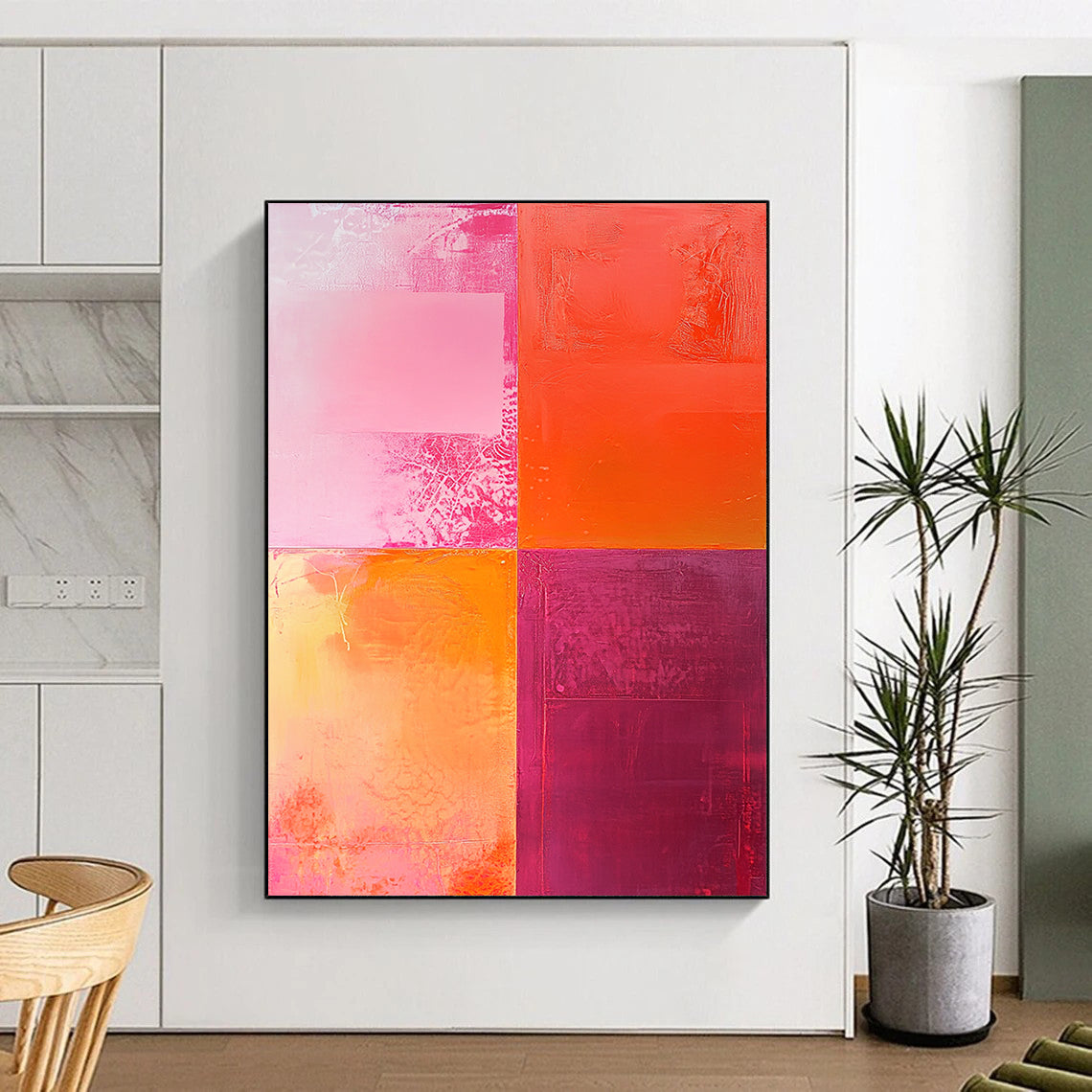 Contemporary hand-painted abstract artwork featuring textured shades of pink and orange with a striking central light red square and dynamic color interplay. DLZ1265