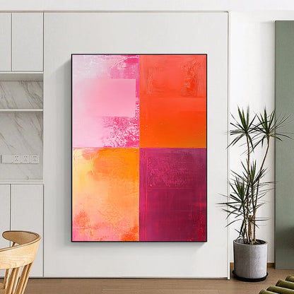 Contemporary hand-painted abstract artwork featuring textured shades of pink and orange with a striking central light red square and dynamic color interplay. DLZ1265