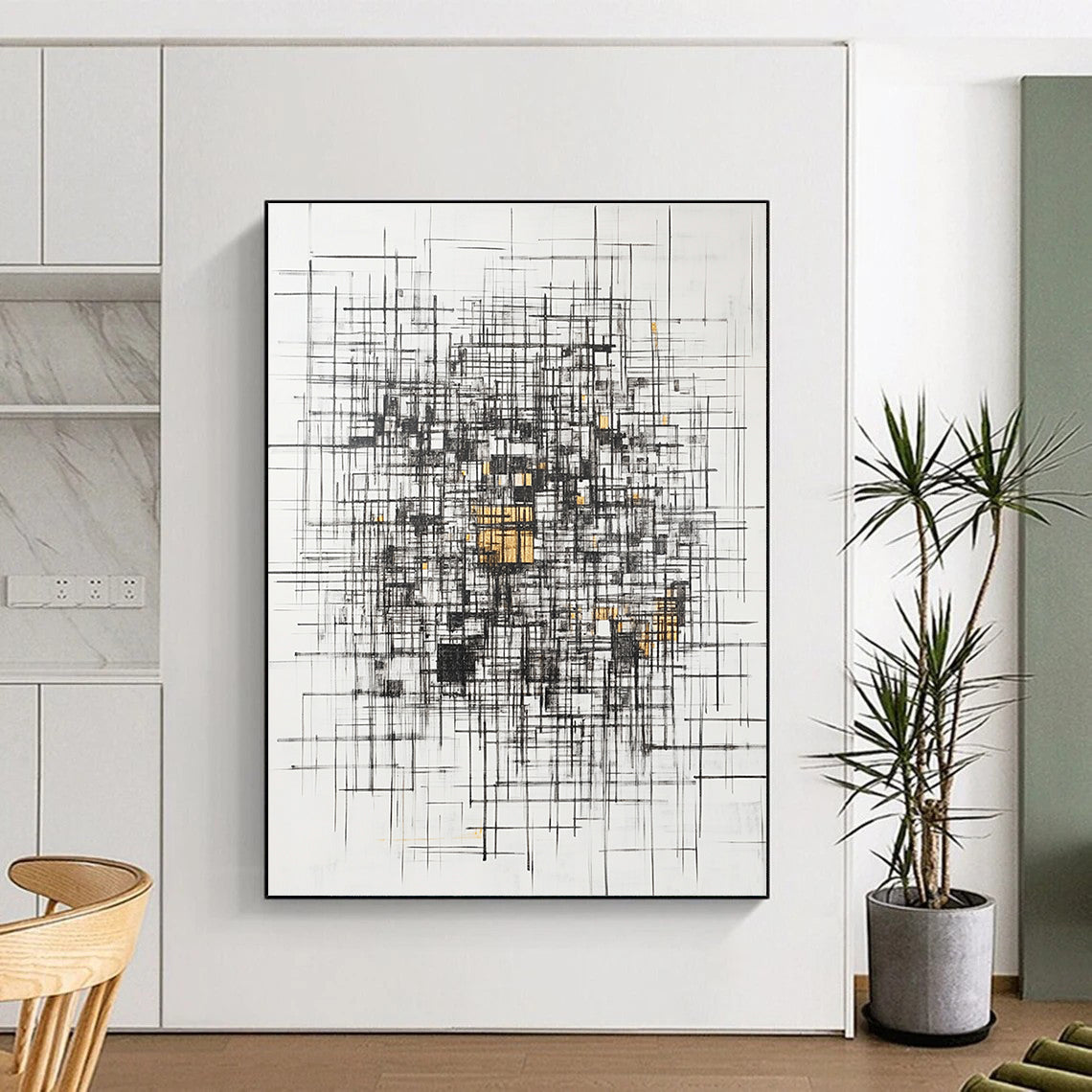 Black, White, Gray, Gold, Triangular Mosaic "Gilded Geometric Puzzle" Abstract Cubist - Inspired Painting On Canvas HB127