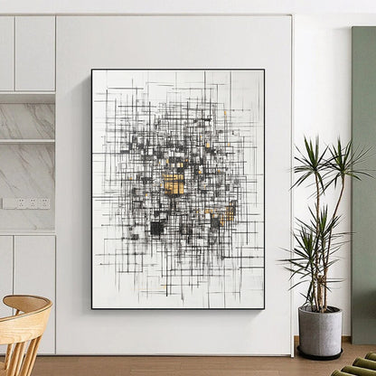 Black, White, Gray, Gold, Triangular Mosaic "Gilded Geometric Puzzle" Abstract Cubist - Inspired Painting On Canvas HB127