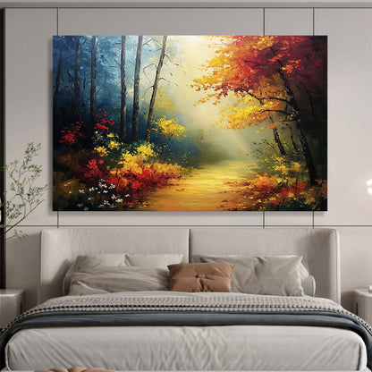 “Sunlit Forest Path” - Yellows, Reds, Greens, Forest Path with Sunbeams - Impasto Oil Painting HB1711