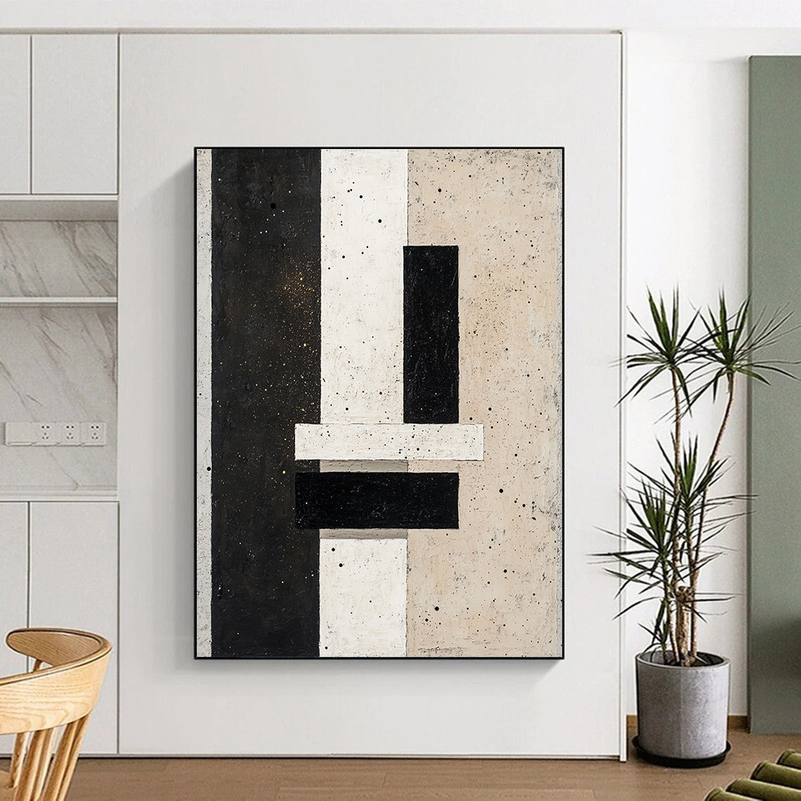 Black, White, Beige with Speckled Patterns "Starry Structure" Abstract Painting On Canvas HB014