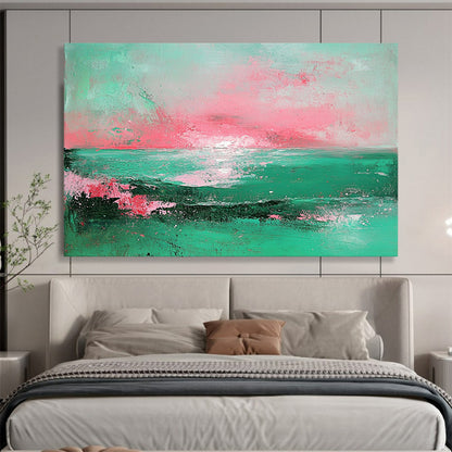 “Pastel Sea Sunset” - Mint, pink, sea scene, Abstract Landscape Painting On Canvas HB0560