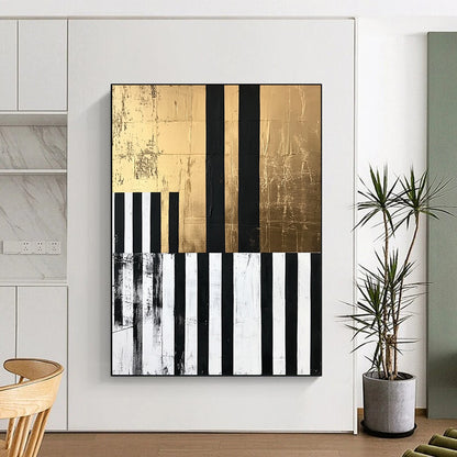Black, White, Gold and Gray Geometric Abstraction "Elegant Stripes" Painting On Canvas HB402