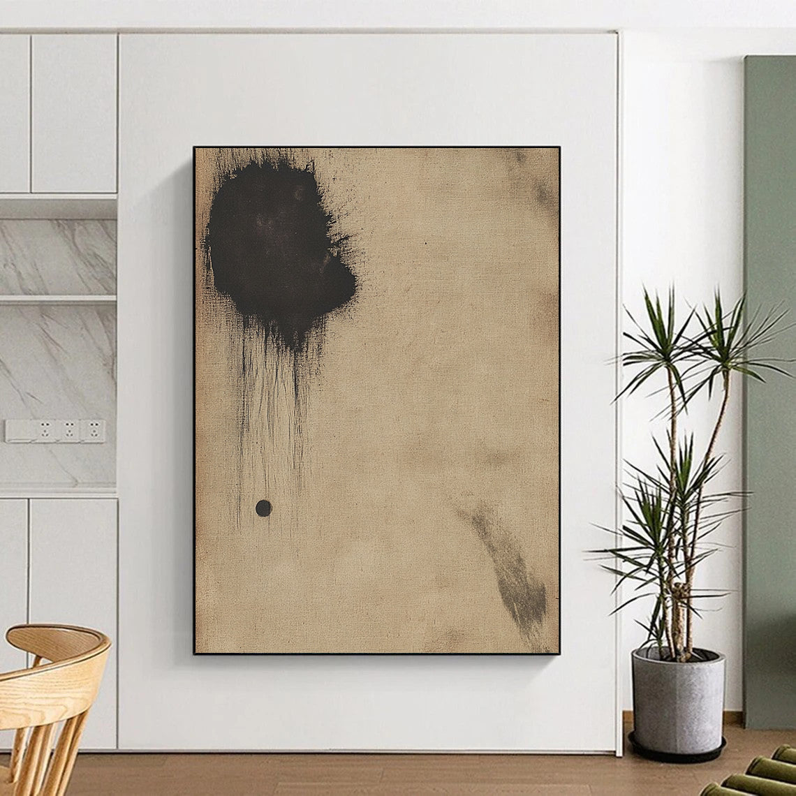Contemporary hand-painted abstract art on antique beige paper featuring a small dark circle and a large black smudge for a striking visual impact. DLZ0678