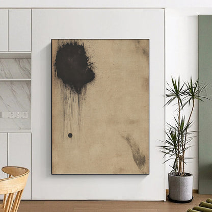 Contemporary hand-painted abstract art on antique beige paper featuring a small dark circle and a large black smudge for a striking visual impact. DLZ0678