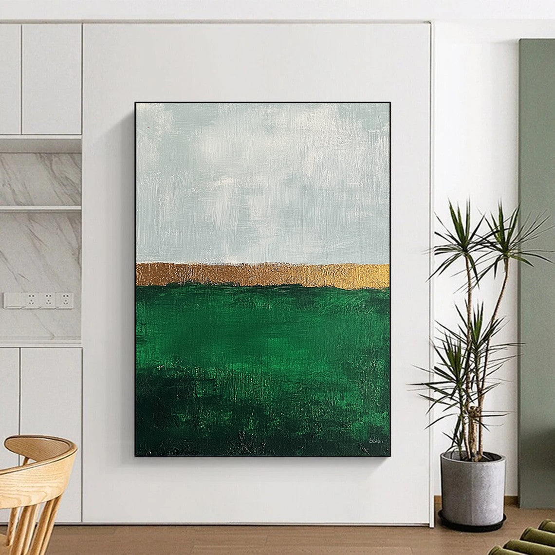 Contemporary abstract art featuring impasto technique with thick strokes, showcasing an emerald green field and muted sky in a minimalist aesthetic. DLZ1351