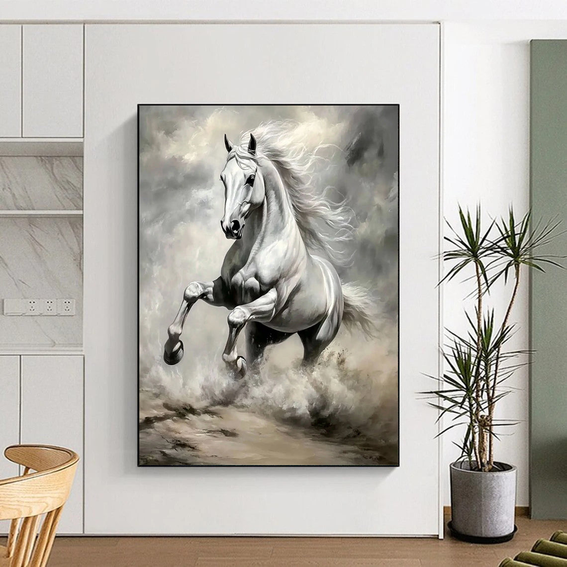 Contemporary hand-painted abstract art featuring a silver horse galloping across vast grassland with exquisite details and vibrant colors illuminated by sunlight. DLZ1660