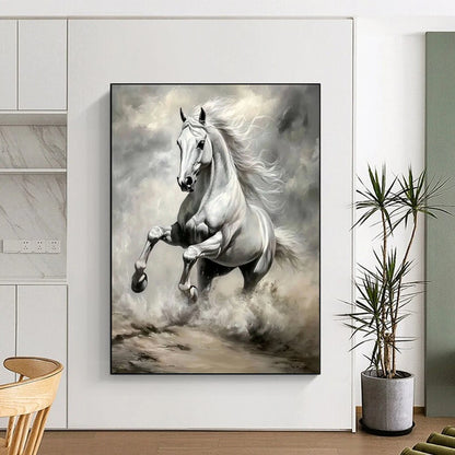 Contemporary hand-painted abstract art featuring a silver horse galloping across vast grassland with exquisite details and vibrant colors illuminated by sunlight. DLZ1660
