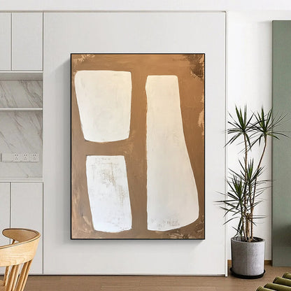 Contemporary large-scale abstract painting features soft edges with a minimalist style in brown and white tones showcasing visible brush strokes on wood panel. DLZ1749