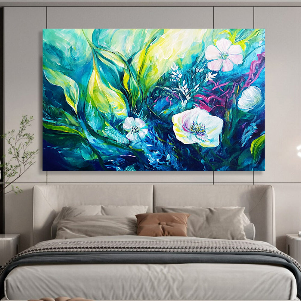 “Teal - Green Floral Abstraction” - Teal, Green, Abstract Floral, Lush Brushstrokes HB1124