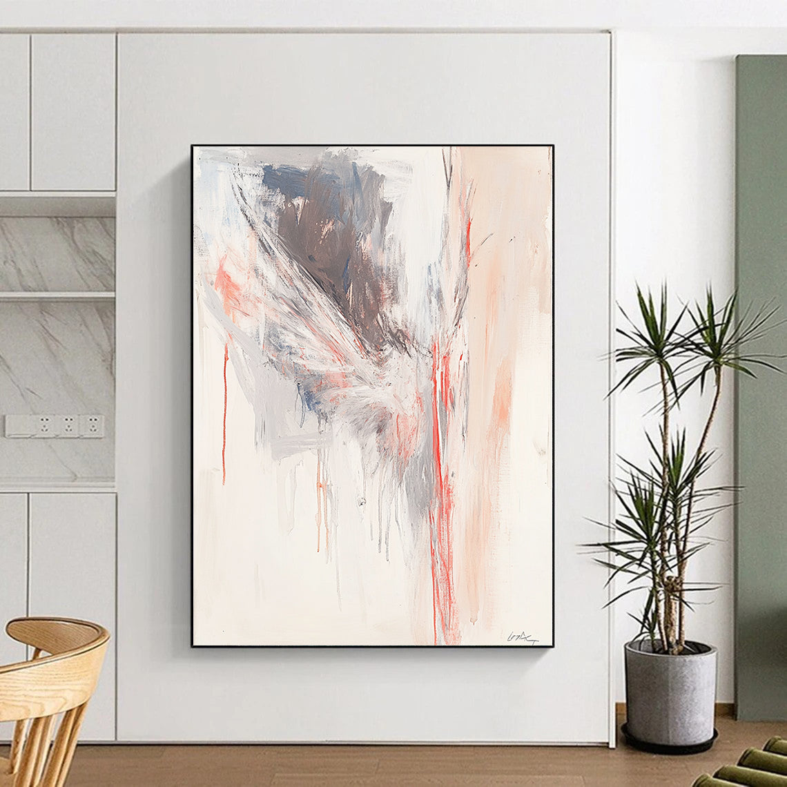 Contemporary abstract painting featuring soft red lines forming an angelian shape against a light gray and white background. DLZ0865
