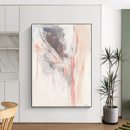 Contemporary abstract painting featuring soft red lines forming an angelian shape against a light gray and white background. DLZ0865