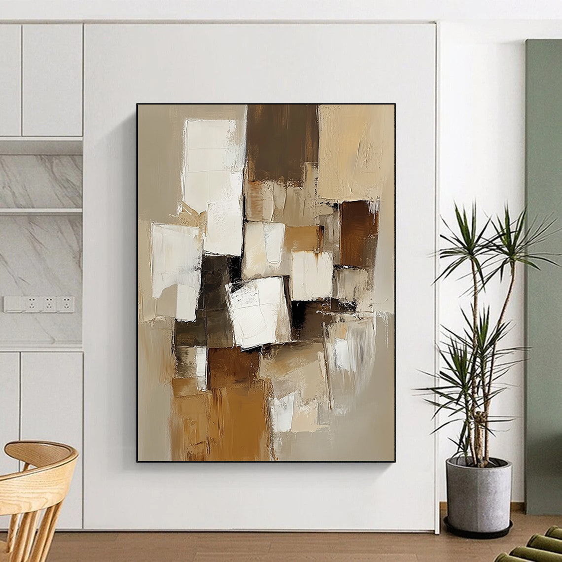 Large contemporary hand-painted abstract artwork featuring beige and white blocks with thick brush strokes in muted earthy tones for a calming and elegant ambiance DLZ0975