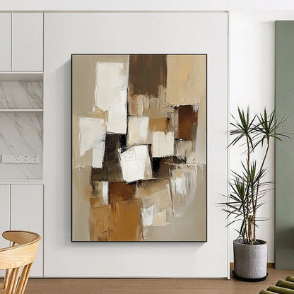 Large contemporary hand-painted abstract artwork featuring beige and white blocks with thick brush strokes in muted earthy tones for a calming and elegant ambiance DLZ0975