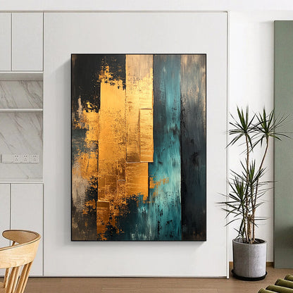 Contemporary abstract painting features gold teal and beige with gold foil edges showcasing layered architectural elements for unique texture and depth. DLZ0851